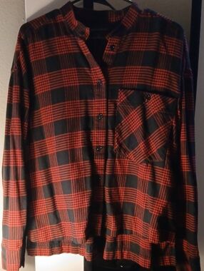 Banana Republic Red and Black Plaid Band-Collar Button-Down Shirt